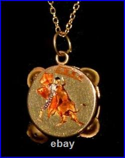 WOW! Antique VICTORIAN ENAMEL Matador/Bull Tambourine 14KT GOLD Pendant Necklace