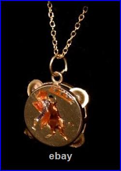 WOW! Antique VICTORIAN ENAMEL Matador/Bull Tambourine 14KT GOLD Pendant Necklace