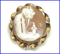 Yellow GF Spiral Frame Oval Carved Cameo Brooch with Scenic Home Countryside, 3