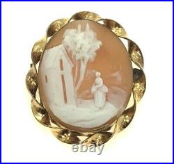 Yellow GF Spiral Frame Oval Carved Cameo Brooch with Scenic Home Countryside, 3