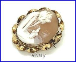 Yellow GF Spiral Frame Oval Carved Cameo Brooch with Scenic Home Countryside, 3