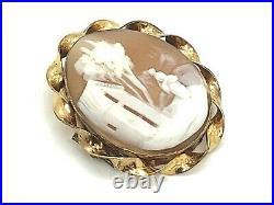 Yellow GF Spiral Frame Oval Carved Cameo Brooch with Scenic Home Countryside, 3
