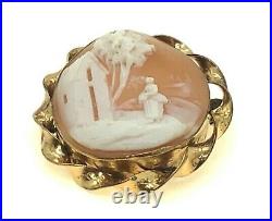 Yellow GF Spiral Frame Oval Carved Cameo Brooch with Scenic Home Countryside, 3