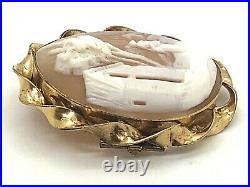 Yellow GF Spiral Frame Oval Carved Cameo Brooch with Scenic Home Countryside, 3