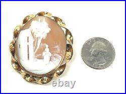 Yellow GF Spiral Frame Oval Carved Cameo Brooch with Scenic Home Countryside, 3